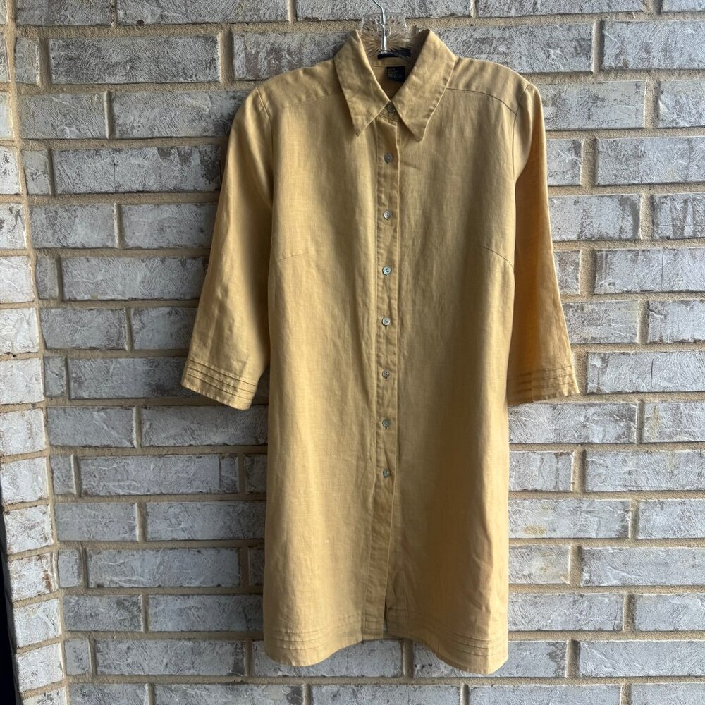 E-col-o-gie 100% Linen 3/4 Sleeve Button Front Collared Tunic Shirt Size S.